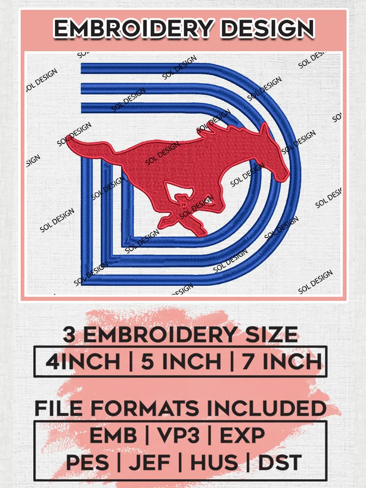 SMU Mustangs College Football Team Logo Embroidery Design Files, NCAA SMU Mustangs Machine Embroidery, NCAA Teams, 3 sizes, NCAA Machine embroidery designs, Digital Download