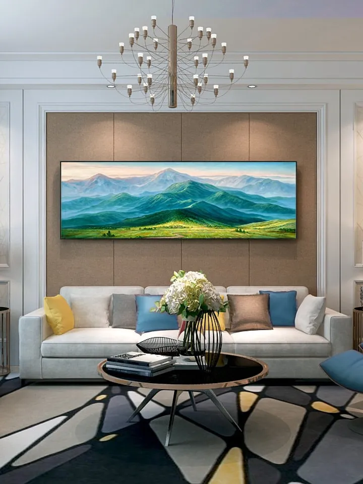 Original Landscape Oil Painting On Canvas, Green Mountains Painting, Realistic Art of Field Scenery, Summer Decor, Large Wall Art,Home Decor