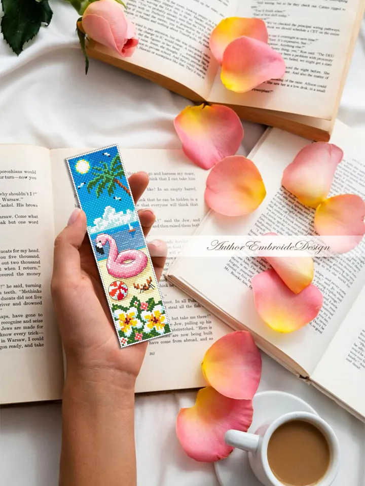Beach bookmark cross stitch pattern PDF download Inflatable pink flamingo cross stitch, Bookmark pattern digital PDF Beach life Hawaii #B432