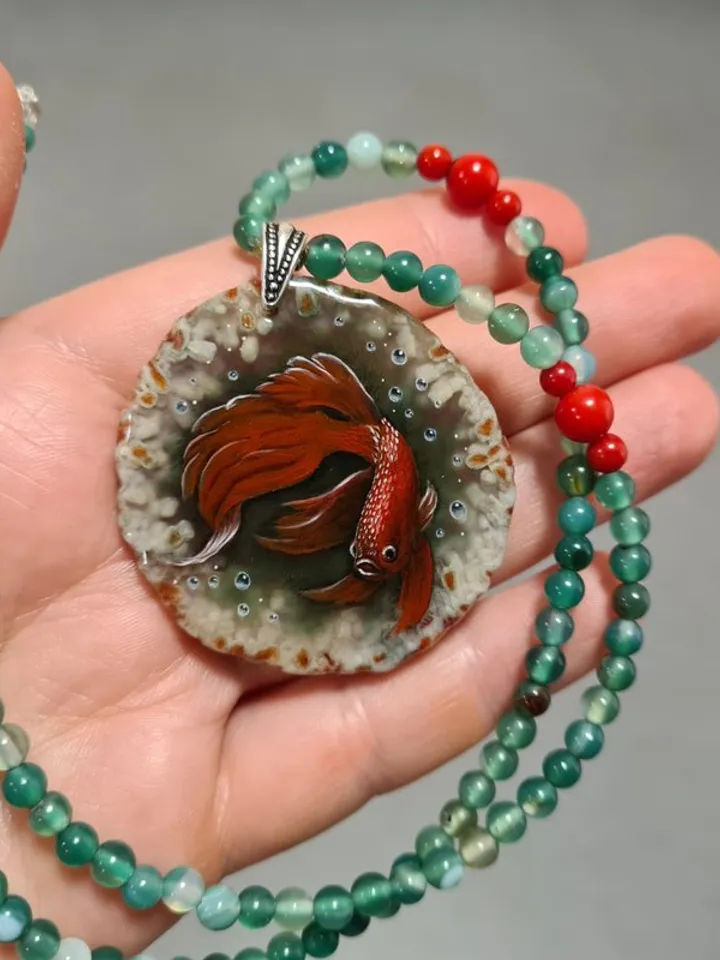 Necklace Siamese cockerel fighting fish Hand painted Christmas Gift Wrapping