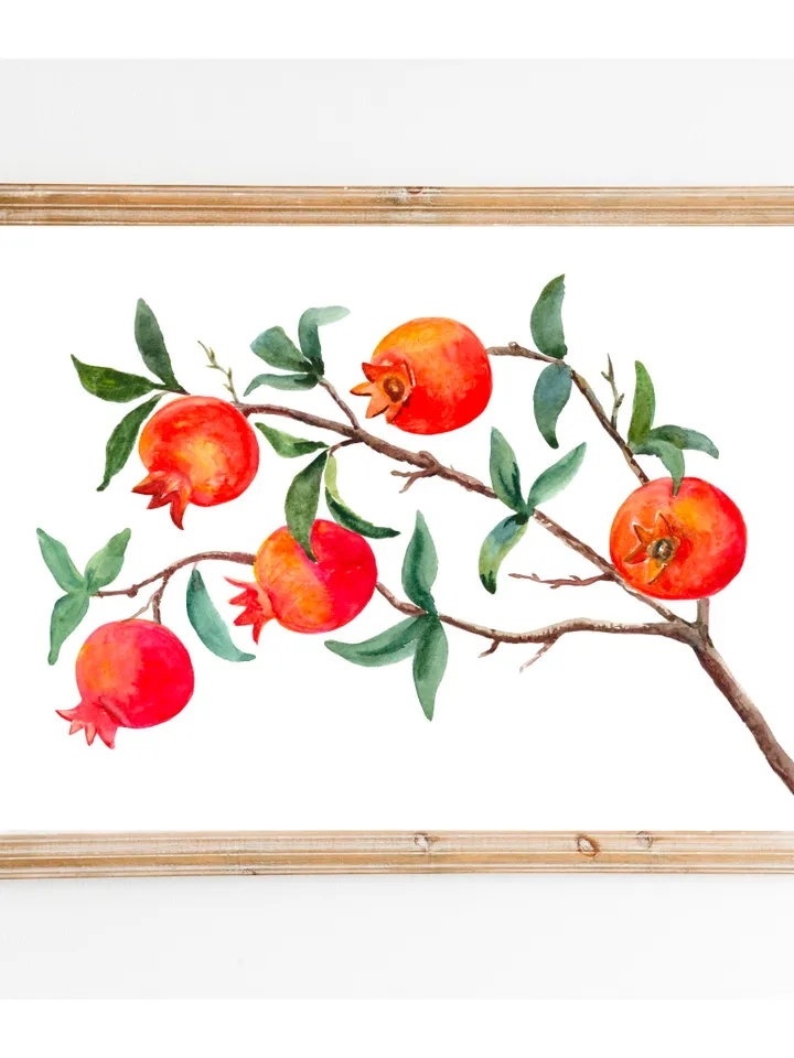Pomegranate Tree Art Print, Watercolor Painting, Pomegranate Artwork, Vintage Fruit Trees, Gift For Chef, Fruit Painting, Still Life Fruit,
