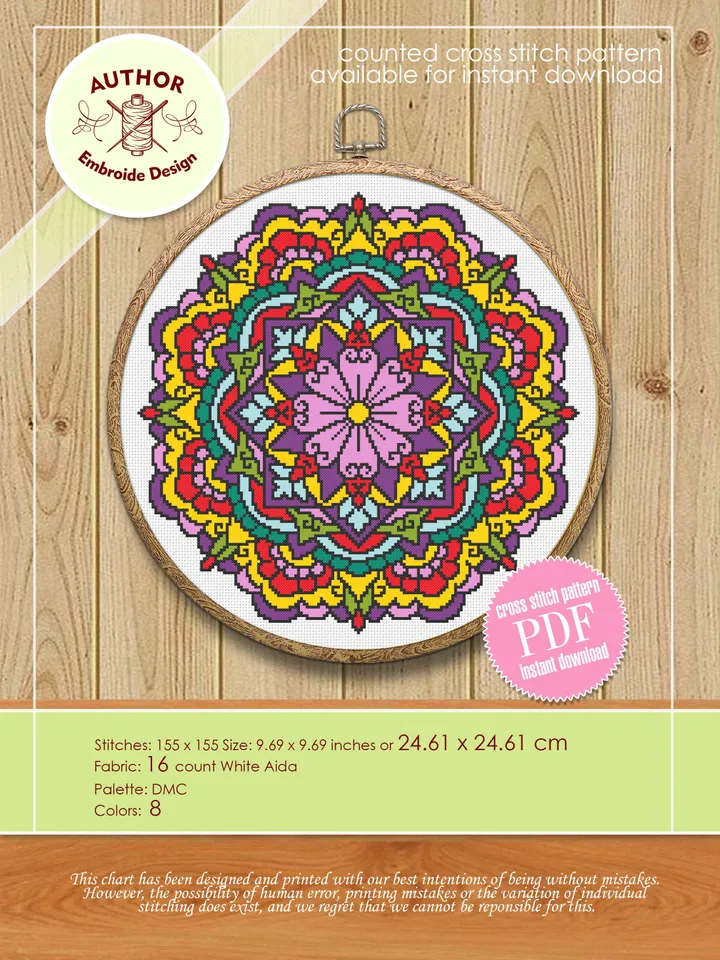 Bright mandala cross stitch pattern download PDF Flower mandala cross stitch chart, Embroidery mandala ornament Modern beginner stitch #M136