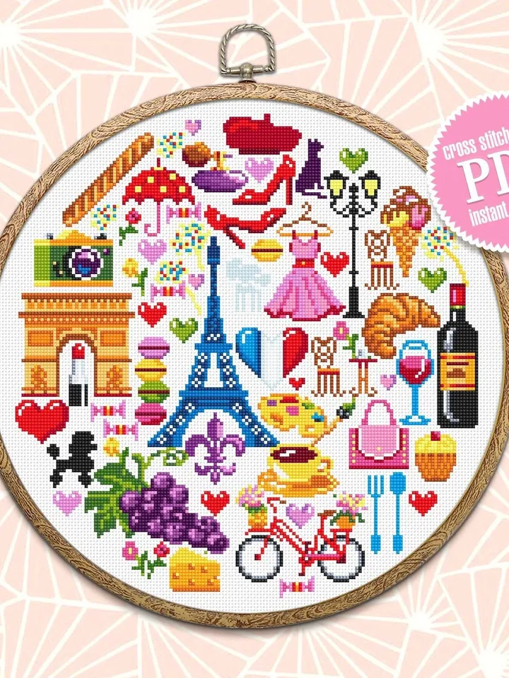 France cross stitch pattern download PDF French sampler PDF Paris cross stitch chart Travel beginner stitch Paris pattern round sampler #E6