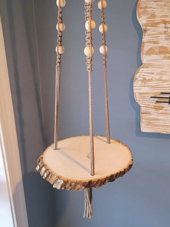 Macrame Plant Hanger with Live Edge Wood Shelf Boho Home Decor Plant Pot Holder Unique Housewarming Gift