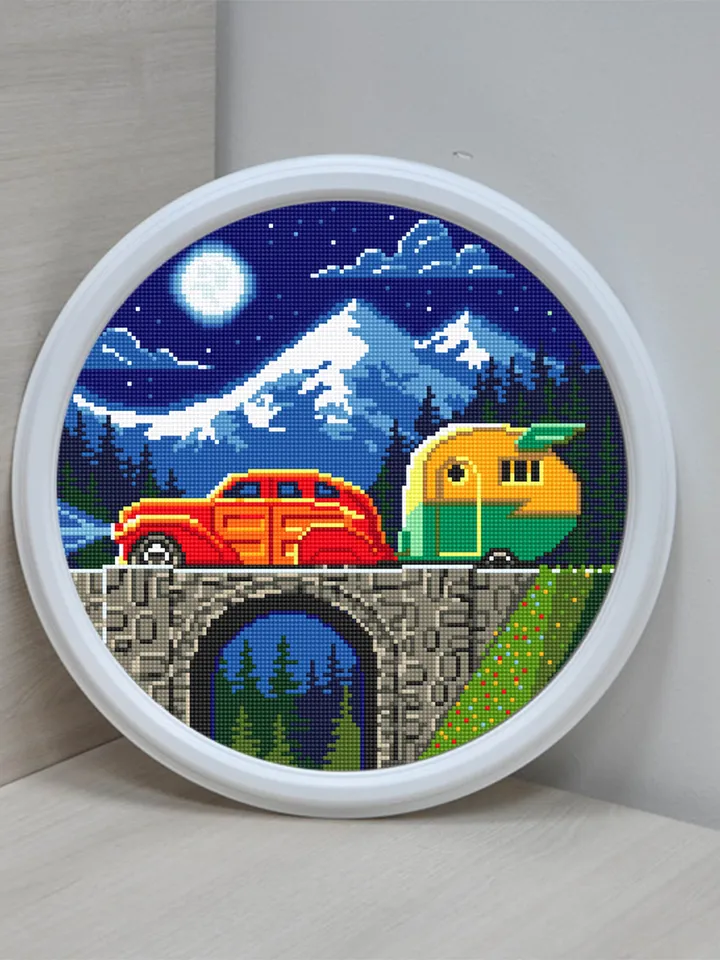 Travel cross stitch pattern download PDF Vintage travel trailer cross stitch chart Nature landscape embroidery PDF Adventure awaits #L12