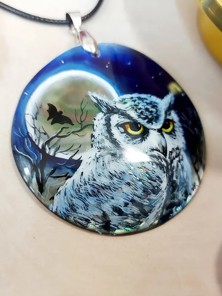 Pearl pendant necklace: Wild Eagle owl at moon night on lacquer necklace. Gorgeous nature on aesthetic pendant. Graceful animal gift for her