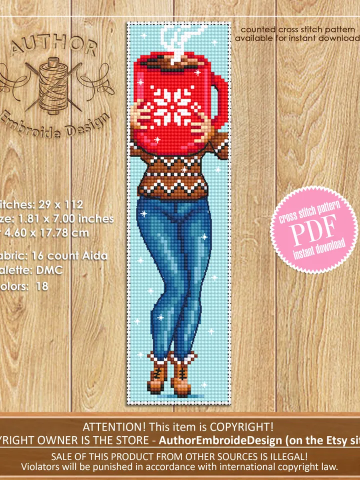 Bookmark cross stitch pattern PDF Winter coffee mug cross stitch, Holiday handmade bookmark, Girl cross stitch Instant download PDF #B99