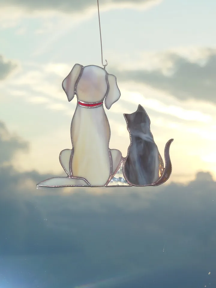 Dog and Cat , Retriever Labrador , Art stained glass hanging . Gift animal lover , pet loss memorial , Golden , black , white , gray , beige