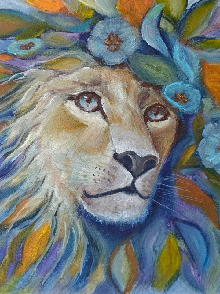 Lion Original Painting Animal Art Modern Artwork Bright Floral Multicolored Lion Wall Painting Lion Head Abstract Painting Room Decor 10x10 inches By OlgaSokolovaArt