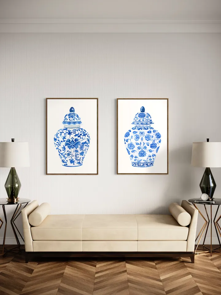 Chinoiserie Wall Art/ Set Of Two Prints/Chinoiserie Chic/ blue and white/ Chinoiserie Decor/ botanical/ Ginger jar/ blue floral/Wall Art Set