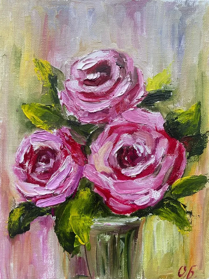 Mini oil painting "Roses" impasto - a unique gift