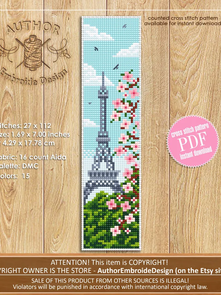 French bookmark cross stitch pattern PDF download Spring nature cross stitch chart, Bookmark pattern digital PDF, Paris Eiffel Tower #B21