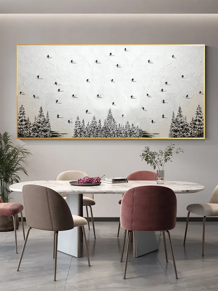 Large Original Ski Sport Painting on Canvas, Texture Wall Art, Skier on Snowy Mountain Art White Snow Skiing Art Custom Painting, Home Decor