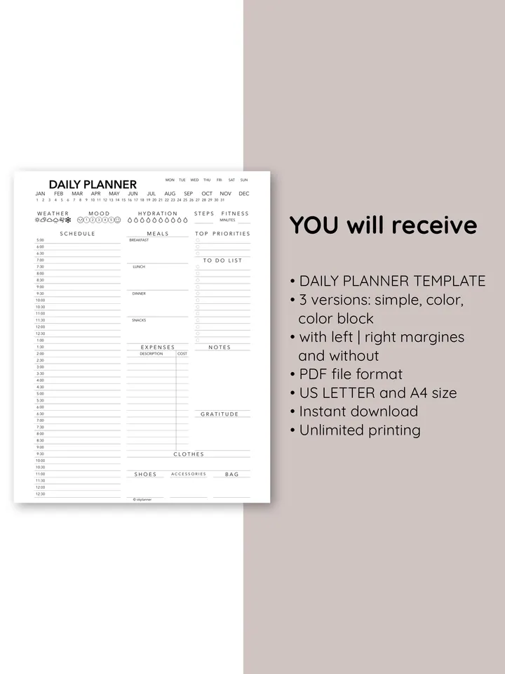 Daily Planner Template with Half-Hour Schedule, Menu, Expenses, To-Do, Outfit, Weather, Mood, Fitness, and Hydration. Trackers for Housewives, Working Moms, and Students. Daily agenda.