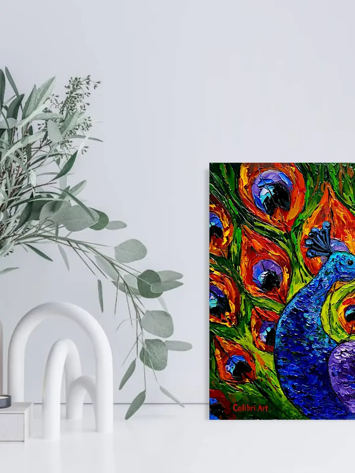 Peacock Painting Bird Original Art Animal Painting Impasto Colorful Wall Art Rainbow Small Art 12" x 12" By Colibri Art