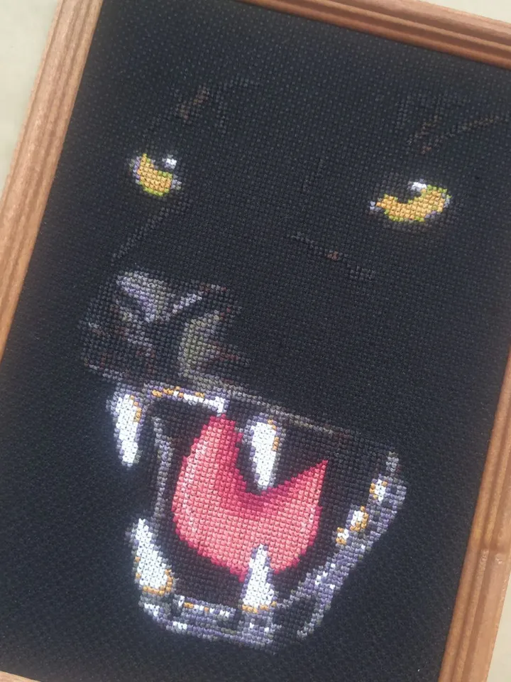 Panther Portrait Wall Art Decor, Finished Cross Stitch, Wild cat Embroidery Art Print, Black Wall Art, Original Gifts