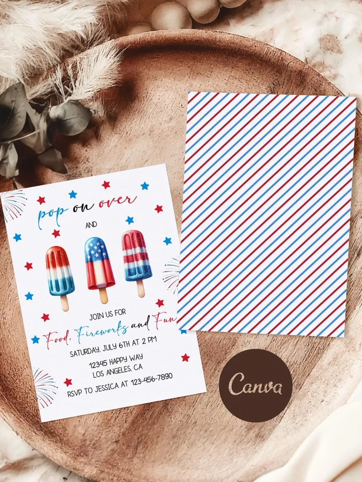 4th of July Invitation, Independence Day party Invite, Popsicles Pop on Over Invitation, Patriotic Party Invitation, Editable Canva Template