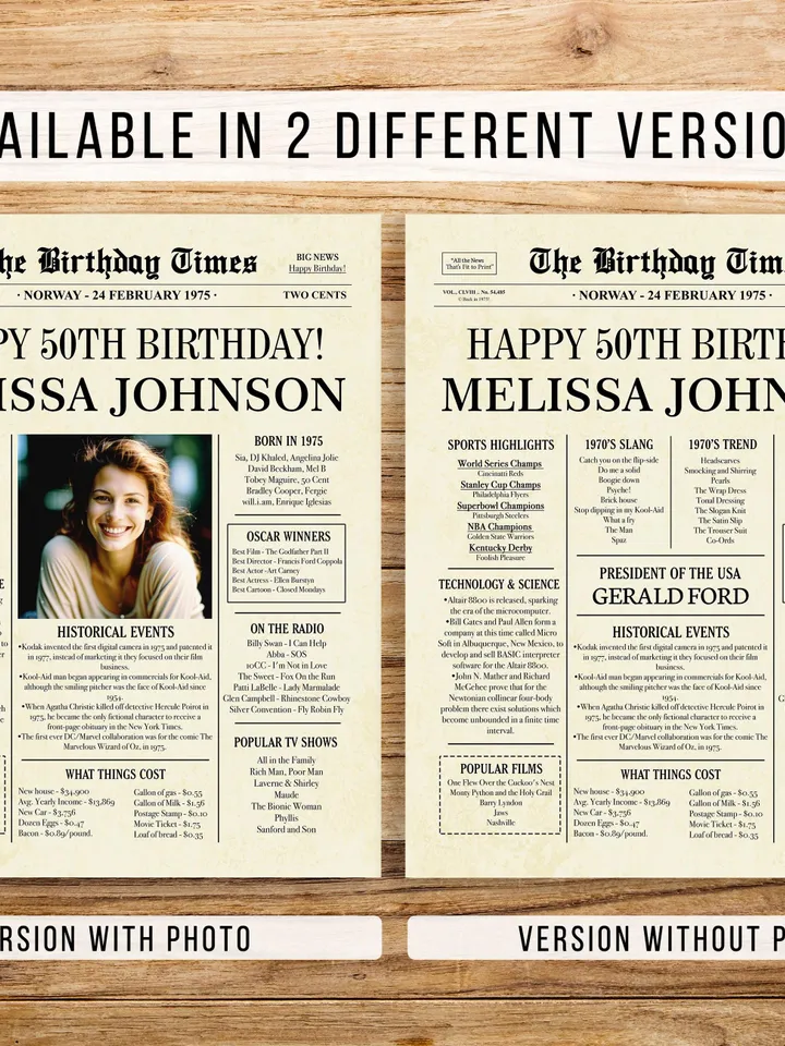 50th Birthday Newspaper Poster for Dad or Mom – Born in 1975 Sign, Back in 1975 Printable Gift, Vintage 50th Birthday Decorations