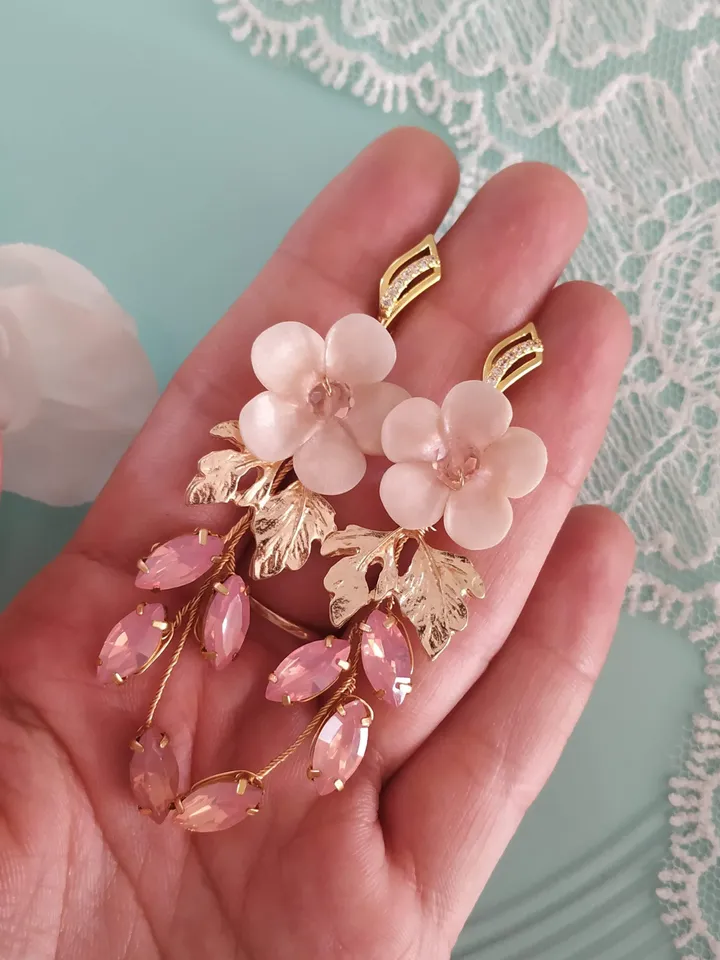 Opal Pink Blush Boho Wedding Earrings, Porcelain Pink Flower Gold Bridal Earrings, Boho Wedding Earrings, Chandelier Statement Earrings