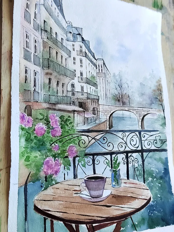 French Cafe Painting Original Watercolor Artwork 9,4x13,8 in by Art Café