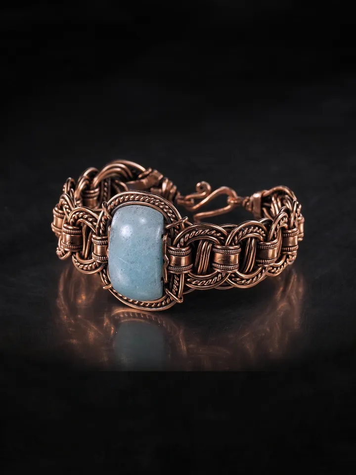 Copper wire wrapped aquamarine bracelet Unique bangle 7th Wedding Anniversary