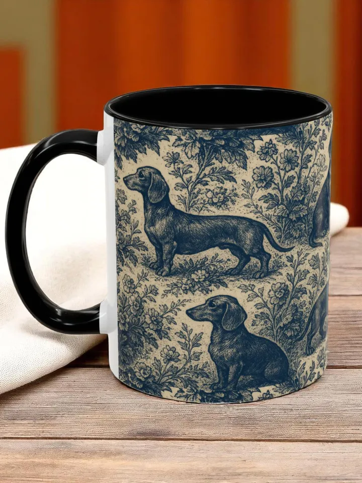 Dachshund French Toile de Jouy Ceramic Mug, Toile Coffee Cup for Doxie Mom, Sausage Dog Lover Gifts, Dog Tea Drinkware, Gift For Dog Lovers