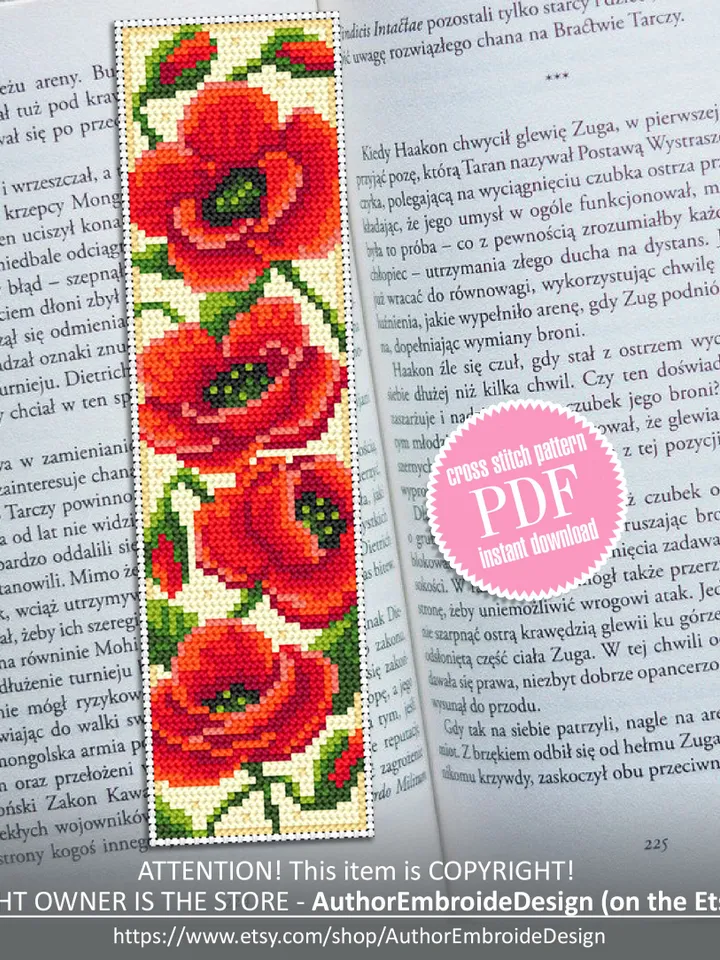 Flower bookmark poppies cross stitch pattern download PDF Modern handmade bookmark digital PDF, Red poppy flower cross stitch chart #B193