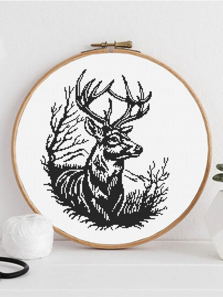 Woodcut deer cross stitch pattern PDF download Animal cross stitch chart Monochrome deer pattern digital PDF Deer silhouette embroidery #L90
