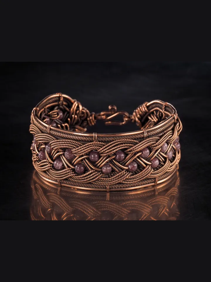 Copper wire wrapped bracelet with amethyst for lady Antique style WireWrapArt