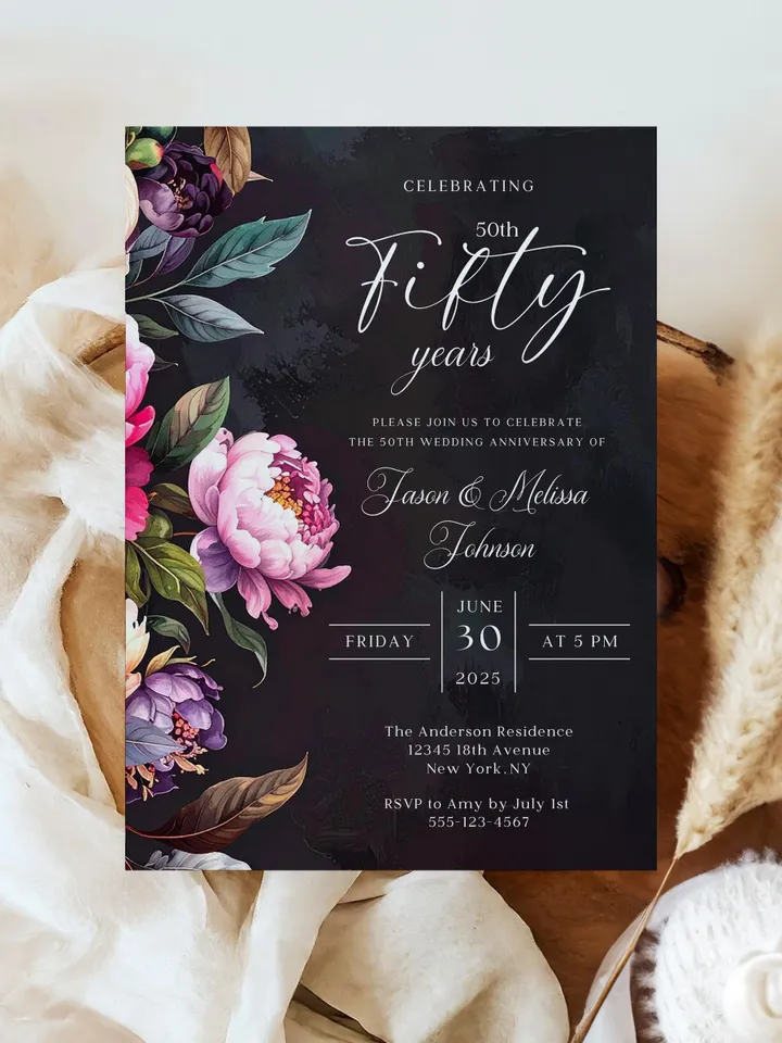 50th Anniversary Party Invitation, 40th, 30th, 20th, 10th, Moody Burgundy & Blush Peony Floral Canva Template 5x7 birthday evite
