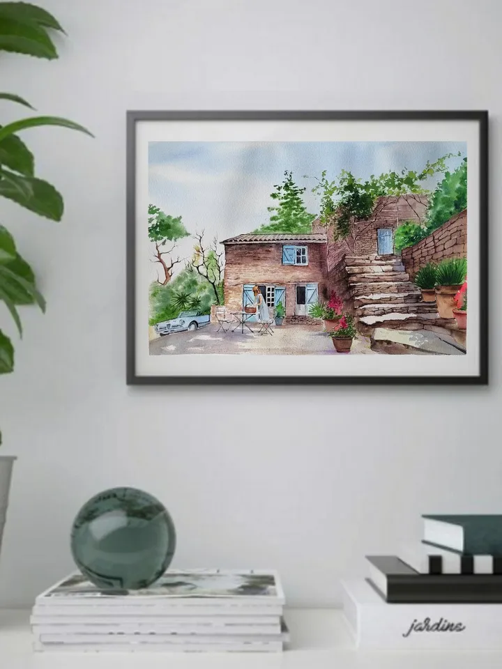 Original Watercolor Painting Rural French Landscape Art Old Stone House Artwork Country Side Picture 30x40 cm by SoftWaves