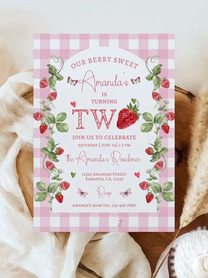 Editable Strawberry Two Sweet 2nd Birthday Party Invitation Berry First Birthday Invitation Summer Berries 2nd Birthday Instant Download