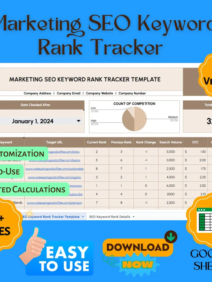 Marketing SEO Keyword Rank Tracker Template, Google Ranking Tracker, SEO Performance Spreadsheet, Keyword Position Monitoring Tool