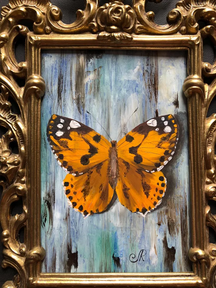Butterfly Painting Framed Antique Metal Frame Shabby Chic Painting