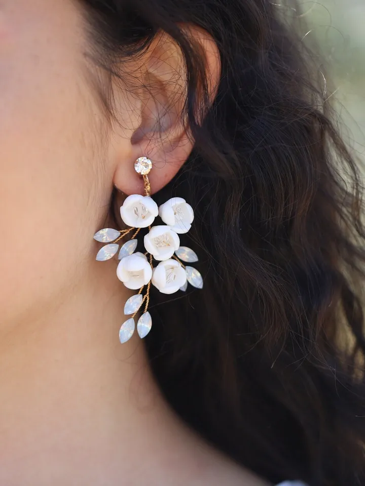 Boho Wedding Earrings, Delicate Porcelain Flower Bridal Earrings, Statement Jewelry Set, Floral Bridal Earrings, Opal Chandelier Earrings