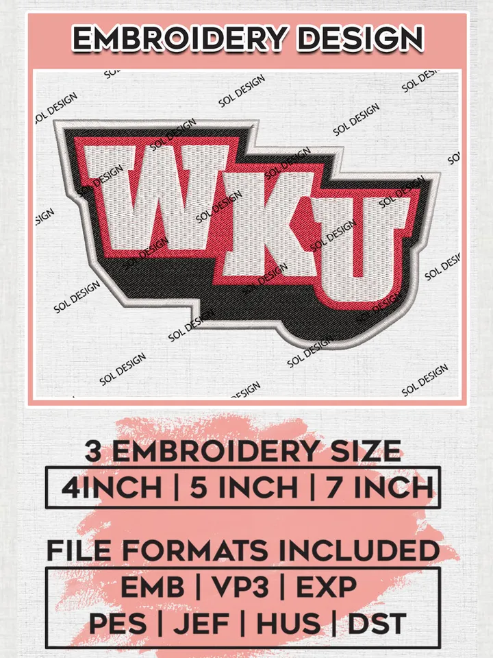 NCAA WKU Team Letter Logo Embroidery Design Files, NCAA Western Kentucky Hilltoppers Machine Embroidery, NCAA Teams, Game Day, 3 sizes, NCAA Machine embroidery designs, Digital Download