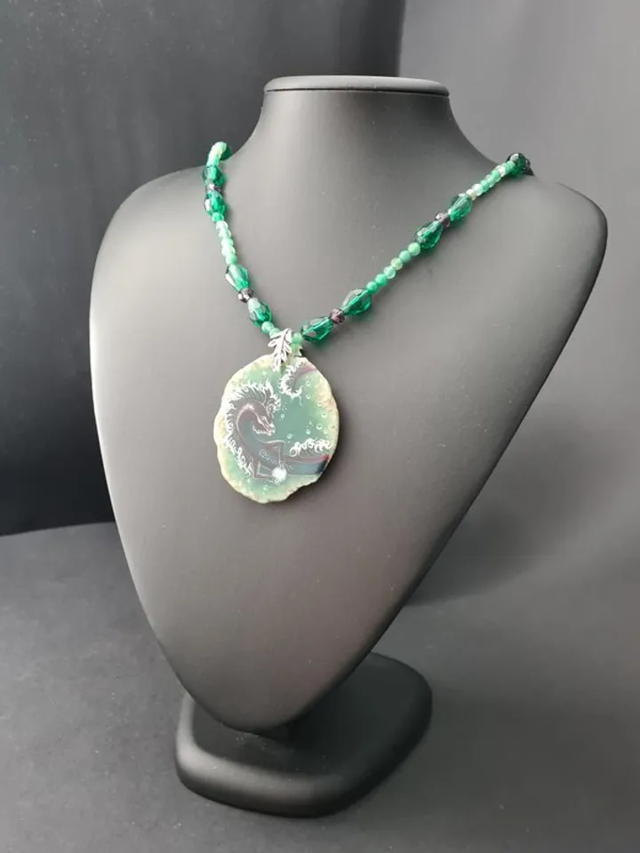 Dragon necklace Painting Dragon on Agate Stone charm Christmas Gift Wrapping