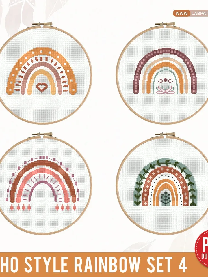 Bundle of 4 Rainbow boho style cross stitch pattern, Floral, nature, home decor, counted, chart, gift DIY, embroidery, beginner, instant PDF