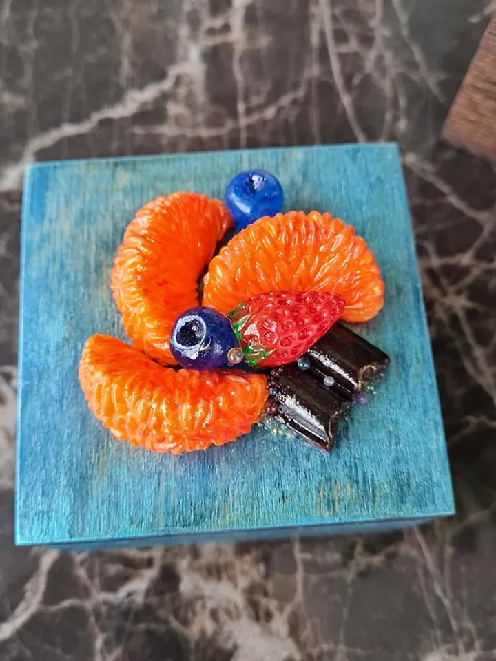 Handmade jewelry box Blue ring box One of a kind Fruits decor on lid Velvet roll