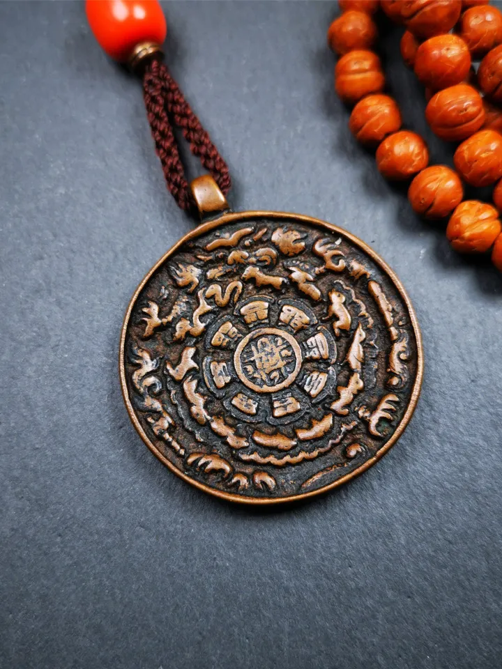 Gandhanra Acient Tibetan Buddhist Amulet,Melong Mirror,Calendar Badge,SIPAHO(srid pa ho),Made of Copper,1.7"
