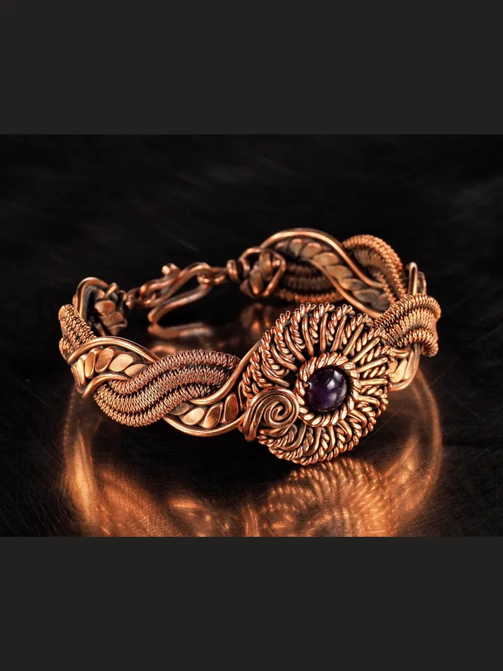 Copper wire wrapped Amethyst bracelet for woman, Statement flower jewelry, 7th Anniversary gift for her woman, Unique copper jewelry, Braided Art Nouveau antique style bracelet, Oxidized pure copper, Handmade