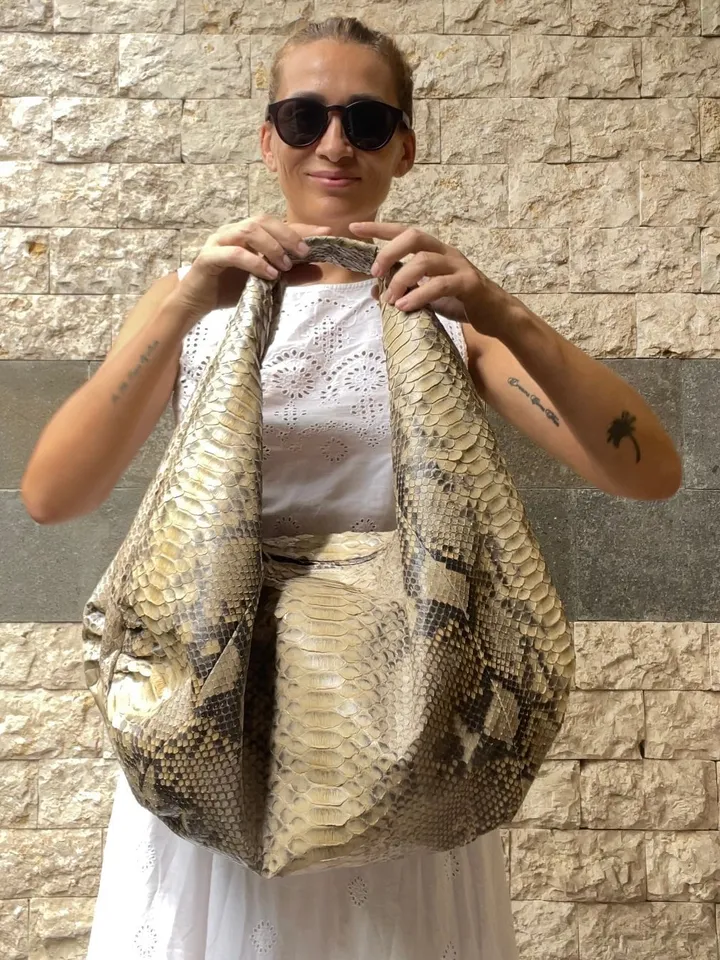 Big Soft Hobo Classy Sport Woman Bag | Purse Genuine Python Skin | Python Skin Products | Beige Big Elegant Leather Designer Soft Bag Snake