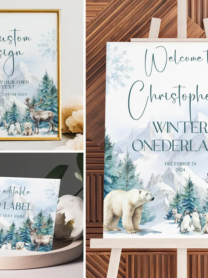Winter Onerderland Boy 1st Birthday Invitation Bundle, Winter Wonderland Xmas First Party Invite Decor Set, Editable Corjl Template - i132
