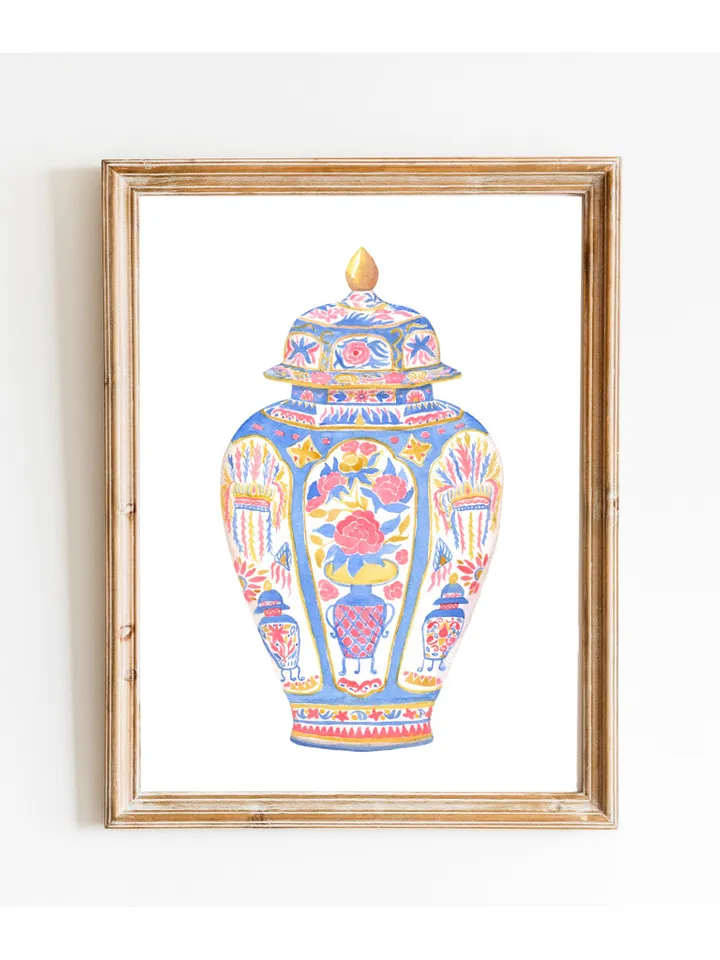 Blue Chinoiserie Vase Watercolor Painting, Pink Ginger Jar Art, Chinoiserie Chic Art, Hamptons Style, Vintage Chinoiserie, Charleston Art