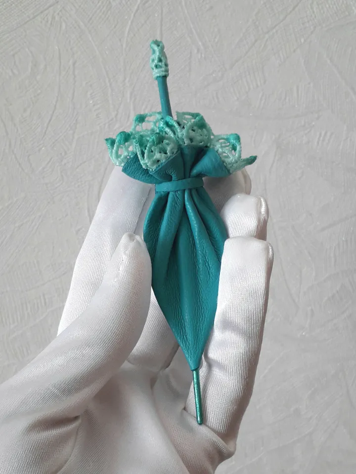 Leather brooch Turquoise umbrella for her , 3rd anniversary gift for wife, Leather women's jewelry
