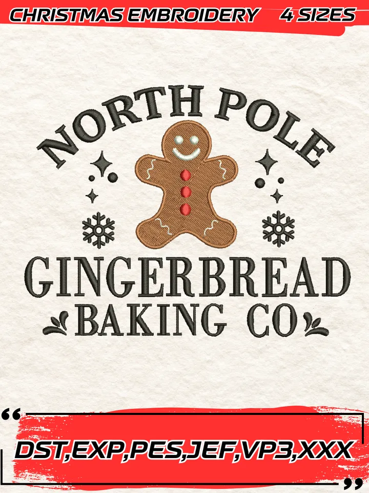 North Pole Gingerbread Baking Co Embroidery Design,Christmas Embroidery Design,4 Sizes, Digital Download