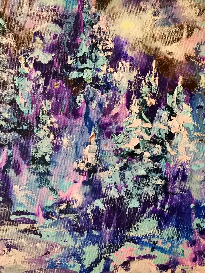 Moon Forest Winter Oil Painting Art Original Canvas Christmas Artist Svinar Oksana
