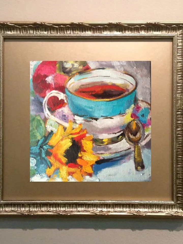 Teacup Oil Painting Sunflower Artwork Tea Painting 20 by 20 cm Floral Wall Art