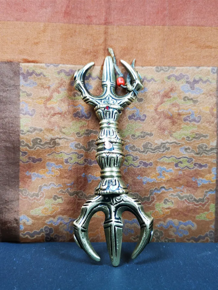Gandhanra Unique Flat Three-pronged Vajra Dorje,Tibetan Buddhism (Vajrayana) Ritual Implement,Made of Brass,30 Years Old