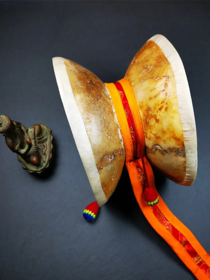 Gandhanra Handmade Tibetan Tantric Buddhist Ritual Implement,Kapala Chod Drum,Kapala Damaru,Religious Ceremonial,5.5" × 4.7" × 3.6"